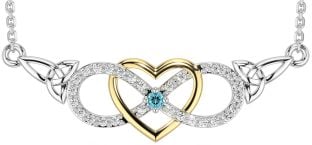 Diamond Aquamarine White Yellow Gold Celtic Infinity Heart Trinity Knot Necklace