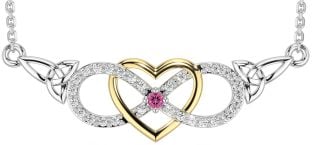 Diamond Pink Tourmaline White Yellow Gold Celtic Infinity Heart Trinity Knot Necklace