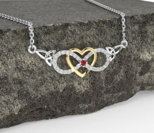 Diamant Rubin Vit Gul Guld Keltiskt Oändlighet Hjärta Treenighet Knut Halsband