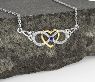 Diamond Sapphire White Yellow Gold Celtic Infinity Heart Trinity Knot Necklace