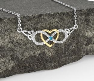 Diamond Topaz White Yellow Gold Celtic Infinity Heart Trinity Knot Necklace