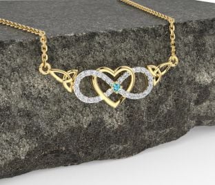Diamond Aquamarine Gold Celtic Infinity Heart Trinity Knot Necklace