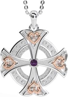 Diamond Amethyst Rose Gold Silver Celtic Cross Heart Necklace