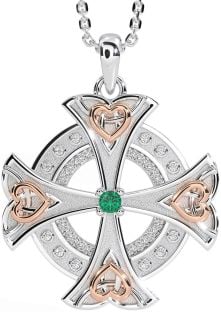 Diamond Emerald Rose Gold Silver Celtic Cross Heart Necklace