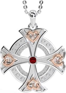 Diamond Garnet Rose Gold Silver Celtic Cross Heart Necklace