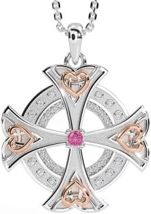 Diamond Pink Tourmaline Rose Gold Silver Celtic Cross Heart Necklace