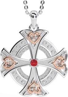 Diamond Ruby Rose Gold Silver Celtic Cross Heart Necklace