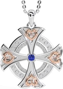 Diamond Sapphire Rose Gold Silver Celtic Cross Heart Necklace