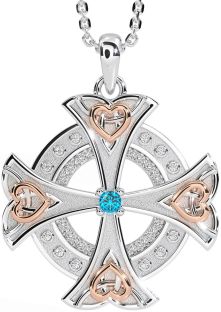 Diamond Topaz Rose Gold Silver Celtic Cross Heart Necklace