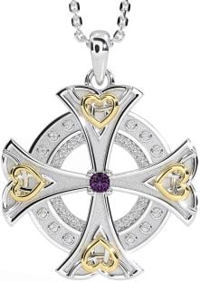 Diamond Amethyst Gold Silver Celtic Cross Heart Necklace