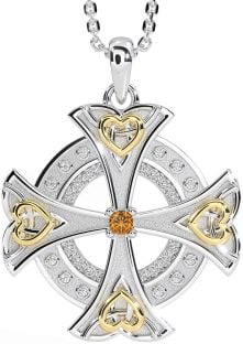 Diamond Citrine Gold Silver Celtic Cross Heart Necklace