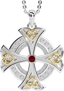 Diamond Garnet Gold Silver Celtic Cross Heart Necklace