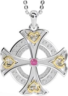 Diamond Pink Tourmaline Gold Silver Celtic Cross Heart Necklace