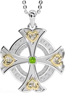 Diamond Peridot Gold Silver Celtic Cross Heart Necklace