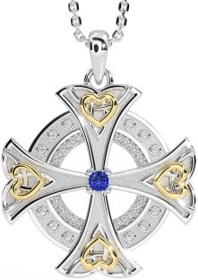 Diamond Sapphire Gold Silver Celtic Cross Heart Necklace