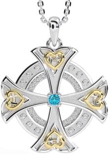 Diamond Topaz Gold Silver Celtic Cross Heart Necklace