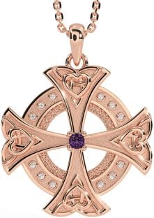 Diamond Amethyst Rose Gold Silver Celtic Cross Heart Necklace