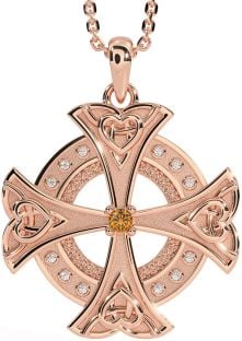 Diamond Citrine Rose Gold Silver Celtic Cross Heart Necklace