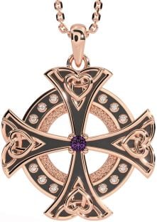 Diamond Amethyst Rose Gold Silver Black Rhodium Celtic Cross Heart Necklace