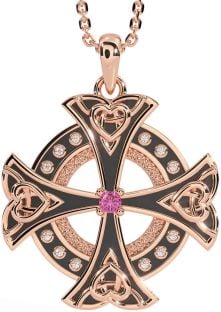 Diamond Pink Tourmaline Rose Gold Silver Black Rhodium Celtic Cross Heart Necklace