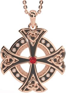 Diamond Ruby Rose Gold Silver Black Rhodium Celtic Cross Heart Necklace