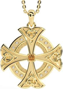 Diamond Citrine Gold Silver Celtic Cross Heart Necklace