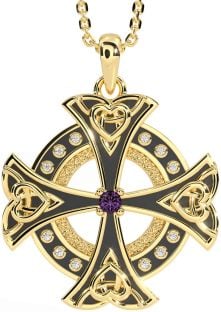 Diamond Amethyst Gold Silver Black Rhodium Celtic Cross Heart Necklace