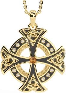 Diamond Citrine Gold Silver Black Rhodium Celtic Cross Heart Necklace