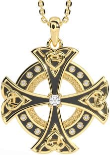 Diamond Gold Silver Black Rhodium Celtic Cross Heart Necklace