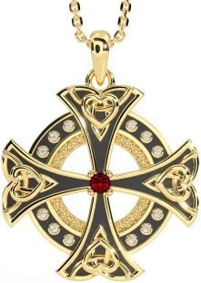 Diamond Garnet Gold Silver Black Rhodium Celtic Cross Heart Necklace