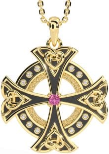 Diamond Pink Tourmaline Gold Silver Black Rhodium Celtic Cross Heart Necklace