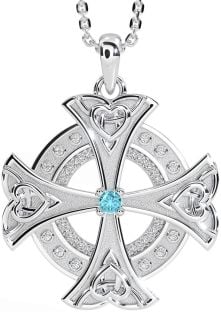 Diamond Aquamarine Silver Celtic Cross Heart Necklace