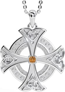 Diamond Citrine Silver Celtic Cross Heart Necklace