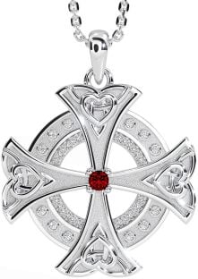 Diamond Garnet Silver Celtic Cross Heart Necklace