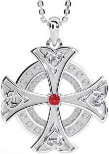 Diamond Ruby Silver Celtic Cross Heart Necklace