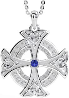 Diamond Sapphire Silver Celtic Cross Heart Necklace