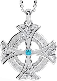 Diamond Topaz Silver Celtic Cross Heart Necklace