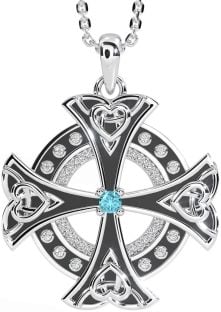 Diamond Aquamarine Silver Black Rhodium Celtic Cross Heart Necklace