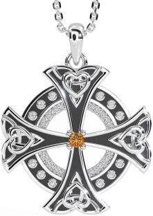 Diamond Citrine Silver Black Rhodium Celtic Cross Heart Necklace