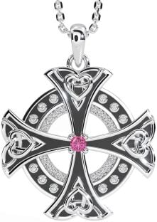 Diamond Pink Tourmaline Silver Black Rhodium Celtic Cross Heart Necklace