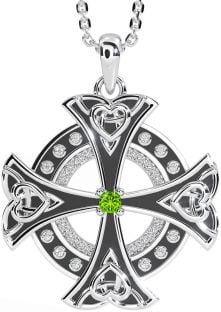 Diamond Peridot Silver Black Rhodium Celtic Cross Heart Necklace