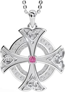 Diamond Pink Tourmaline White Gold Celtic Cross Heart Necklace