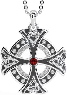 Diamond Garnet White Gold Black Rhodium Celtic Cross Heart Necklace