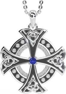 Diamond Sapphire White Gold Black Rhodium Celtic Cross Heart Necklace