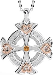 Diamond Citrine White Rose Gold Celtic Cross Heart Necklace