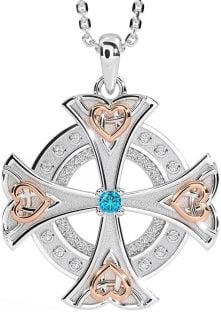 Diamond Topaz White Rose Gold Celtic Cross Heart Necklace