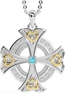 Diamond Aquamarine White Yellow Gold Celtic Cross Heart Necklace