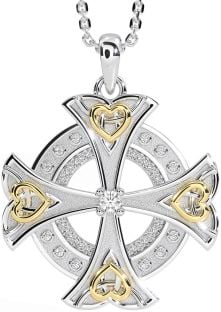 Diamond White Yellow Gold Celtic Cross Heart Necklace