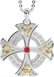 Diamond Ruby White Yellow Gold Celtic Cross Heart Necklace