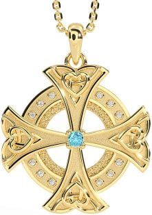 Diamond Aquamarine Gold Celtic Cross Heart Necklace